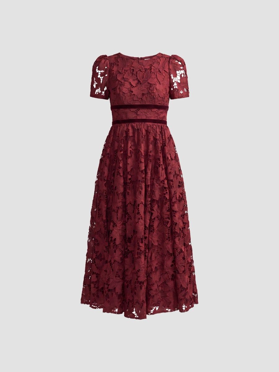 Mac Duggal Women's Floral Lace Velvet-Trim Midi Dress - Burgundy - Size 16