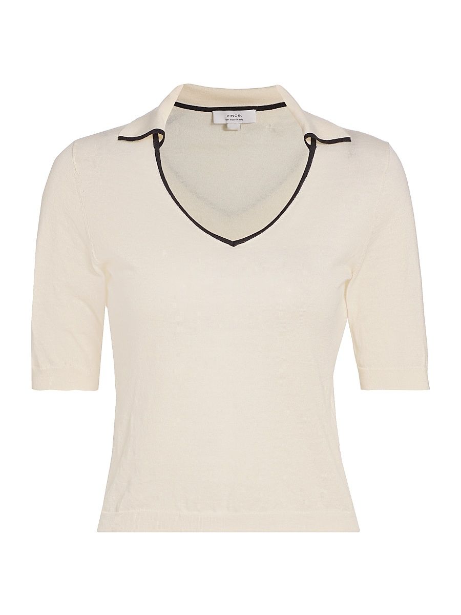 Women's Tipped Cotton-Cashmere Knit Polo Top - Off White Ink - Size Medium