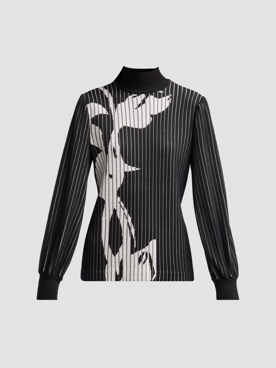 Ming Wang Women's Floral Mock Turtleneck Top - Black Ivory - Size XL