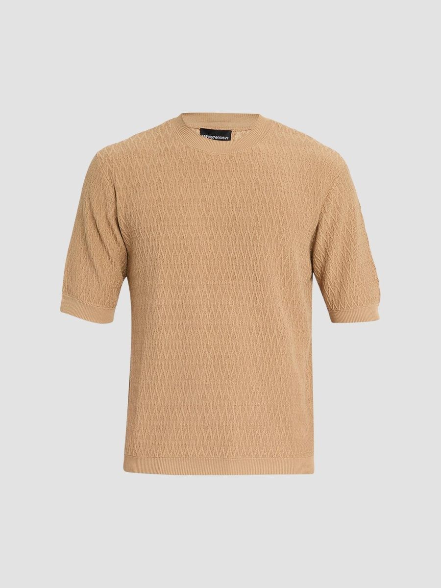 Emporio Armani Men's Tonal Wave Cotton Short-Sleeve Sweater - Total Eclipse - Size XXL