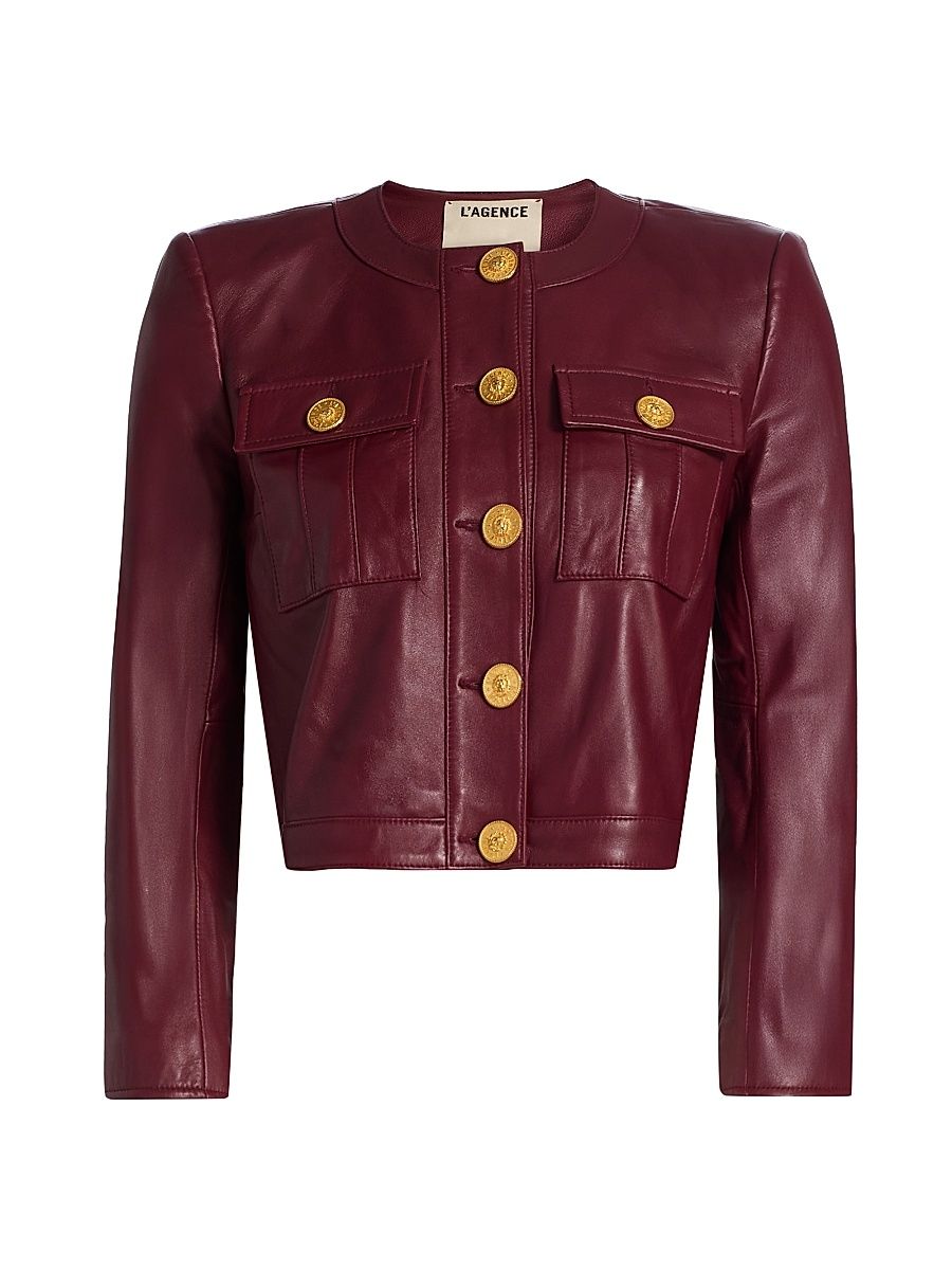 Women's Deidra Collarless Leather Crop Jacket - Black Cherry - Size 10