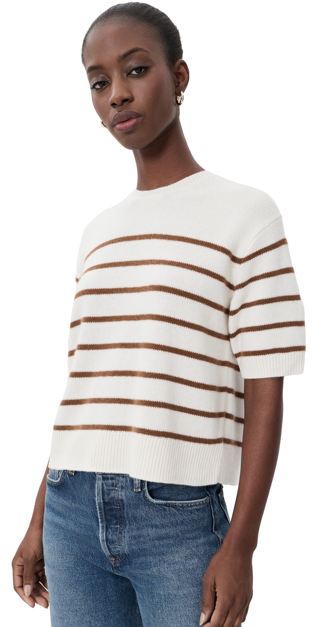 Theory Crop Stripe Cashmere Knit Tee Ivory/Acacia Stripe M