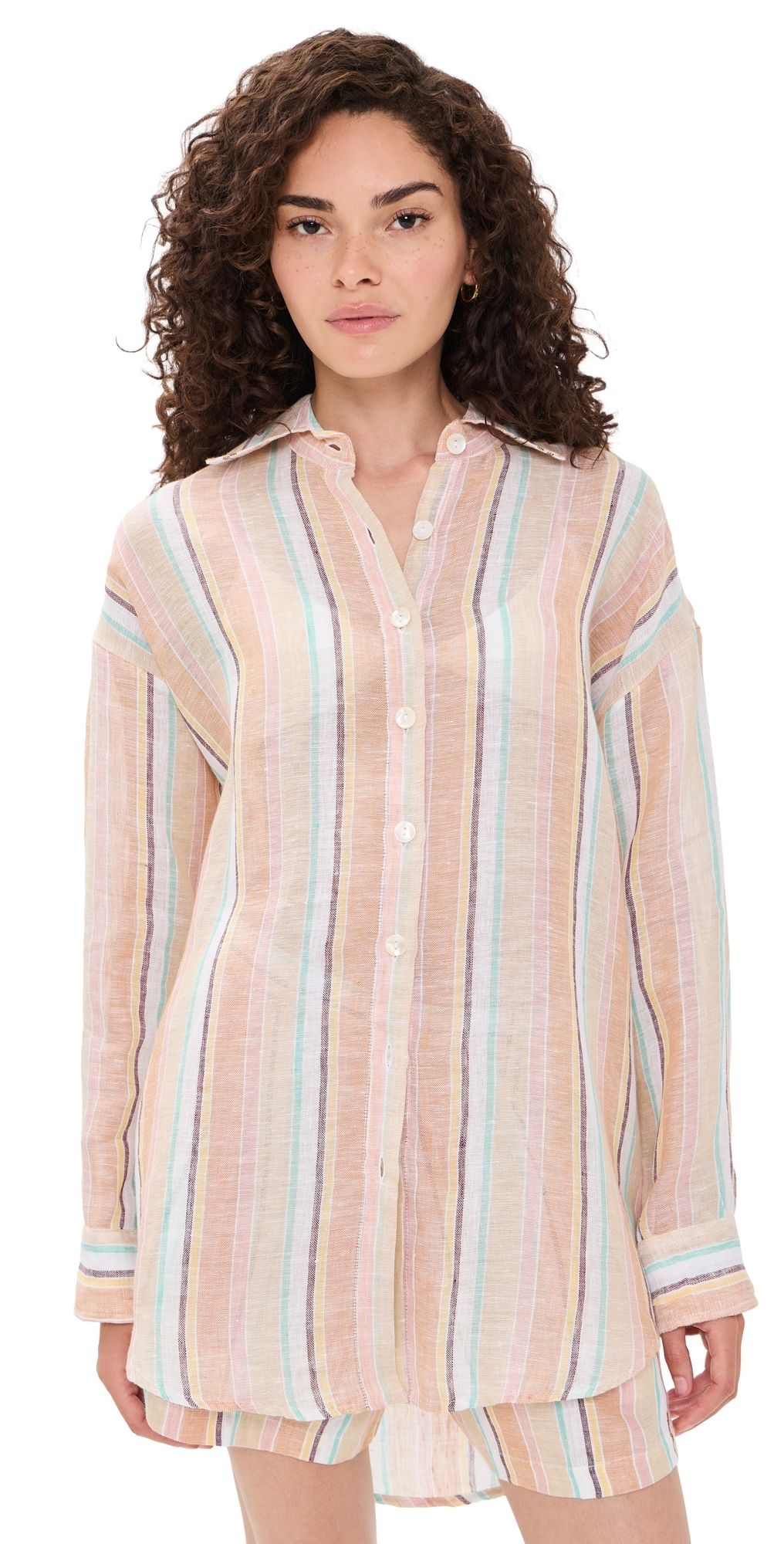 Vitamin A Playa Linen Boyfriend Shirt SAND DUNES STRIPE XXS