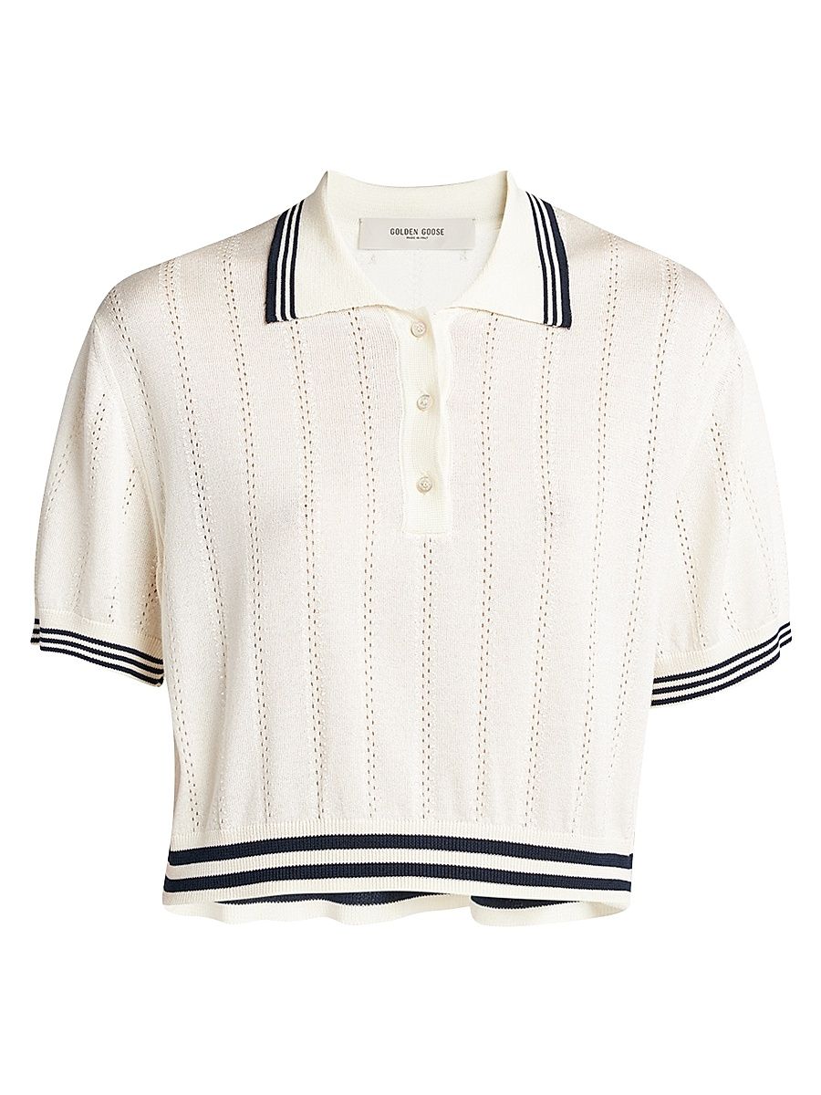 Women's Golden Cropped Open-Work Polo Top - White Blue - Size XXS