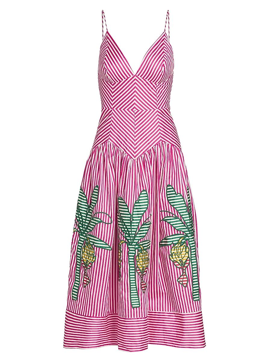 Women's Palm Tree Cutwork Striped Midi-Dress - Pink - Size XL