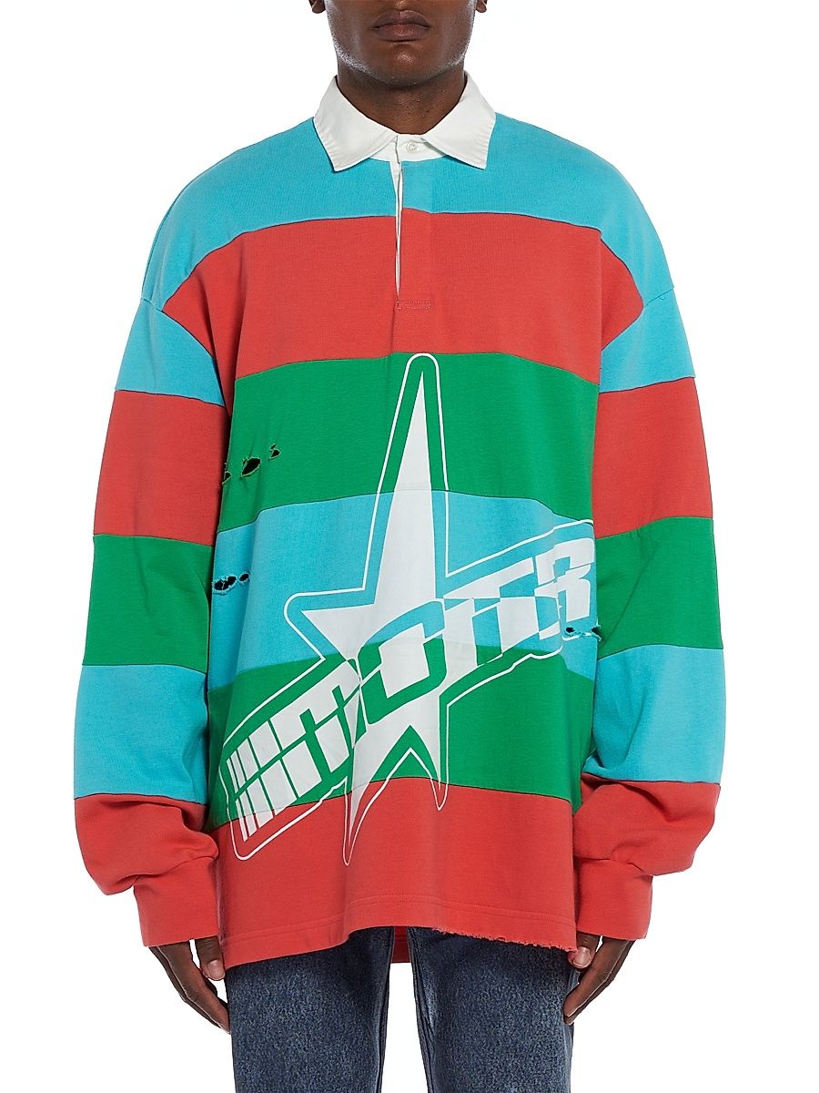 Men's Striped Cotton Distressed Long-Sleeve Polo Shirt - Infrared Turquoise Multi - Size XL