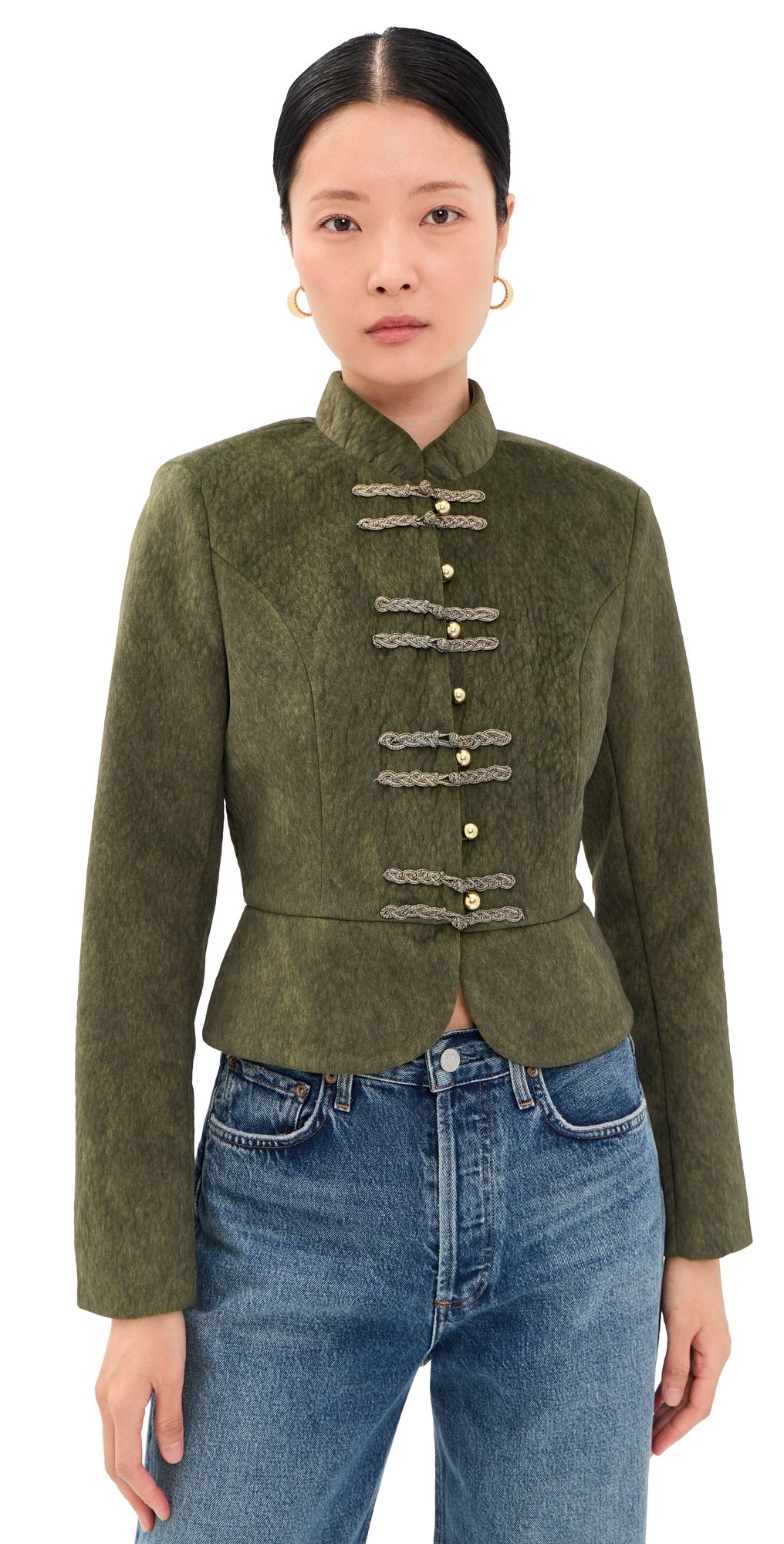 Avec Les Filles Textured Faux Suede Peplum Military Jacket Dark Olive M
