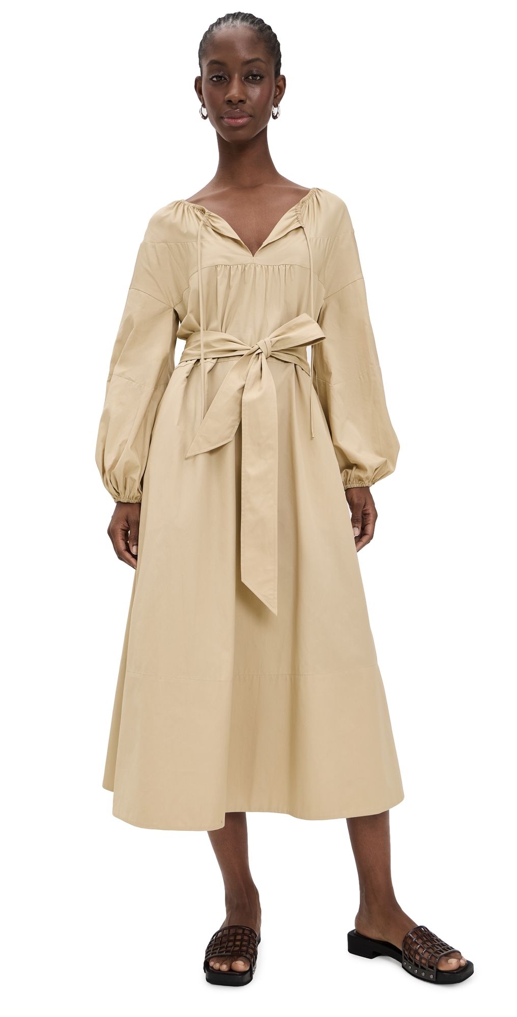 Vince Shirred Cotton Belted Tie-Neck Dress Sand Beige L