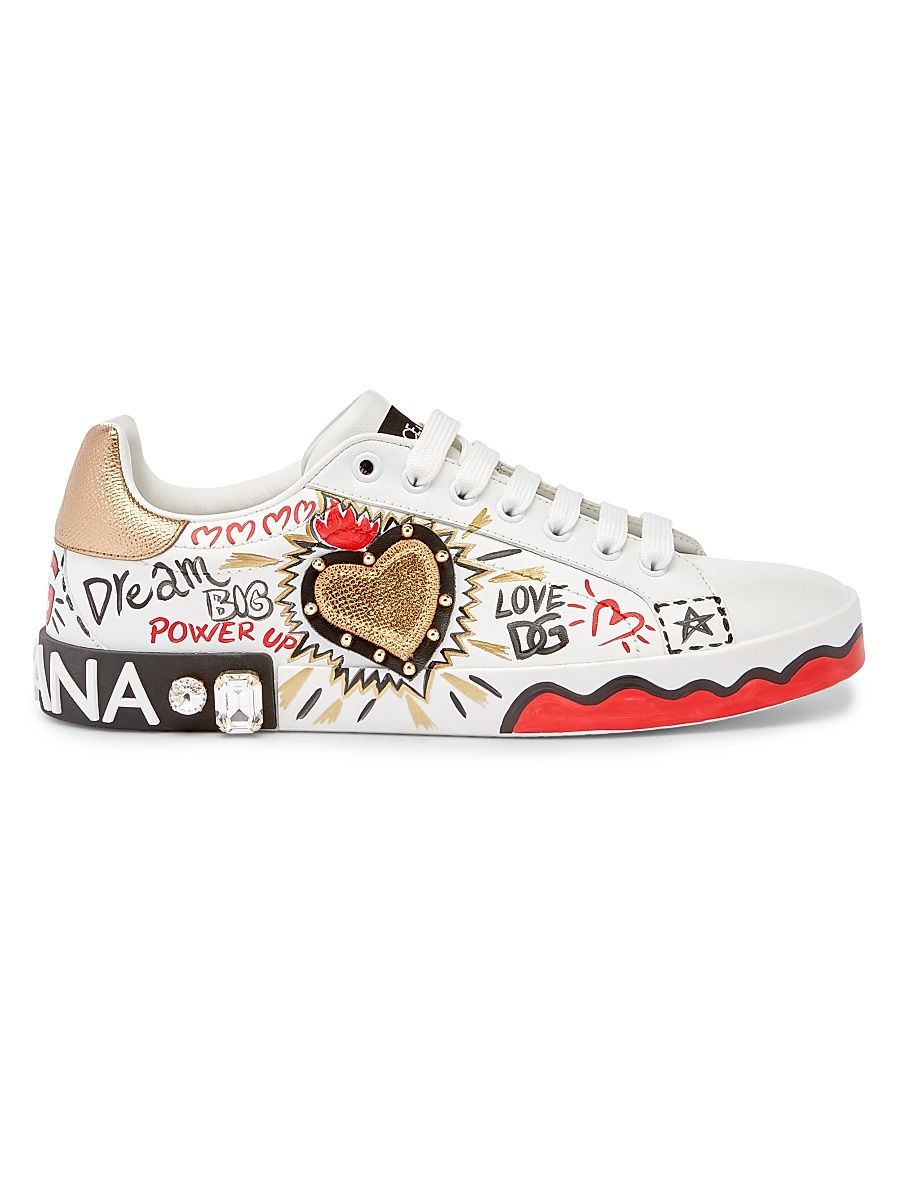 Women's Embellished Printed Leather Low-Top Sneakers - Bianco Oro Antico - Size 12
