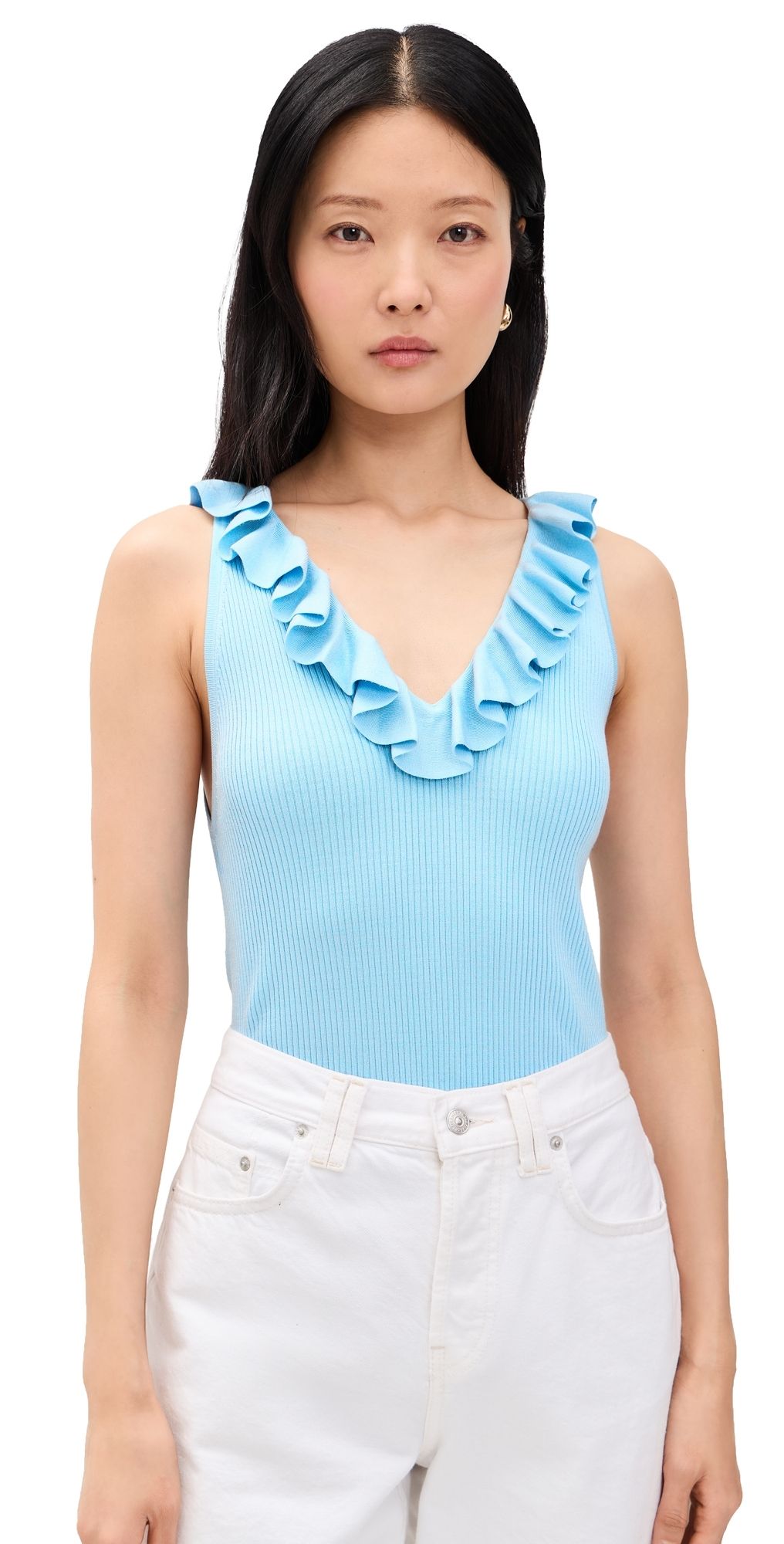 ALICE + OLIVIA Marnie Ruffle Tank Carolina Blue M