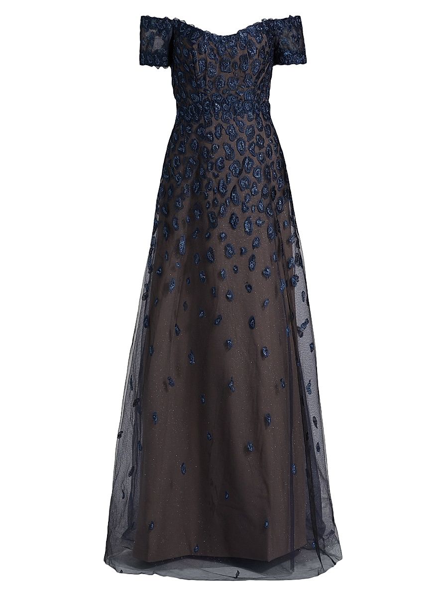 Women's Embroidered Off-The-Shoulder Gown - Navy Black - Size 18