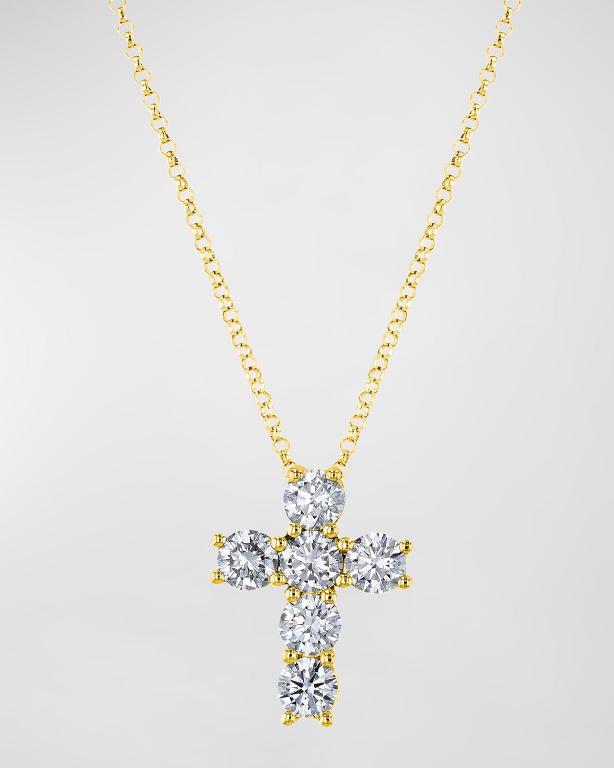 18K Gold 6-Stone Shared Prong Round Diamond Cross Necklace, 16"L, 3.00tcw