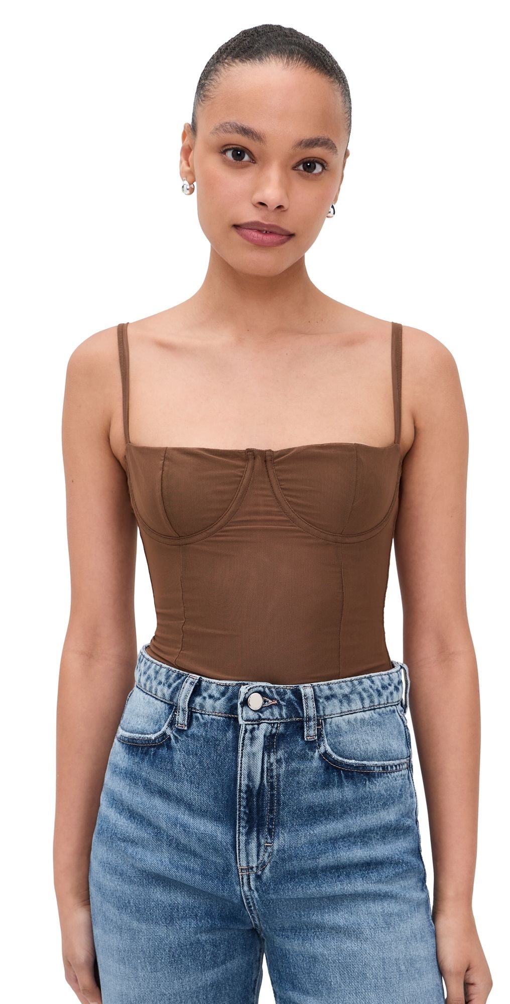 Good American Mesh Bustier Thong Bodysuit Saddlewood L