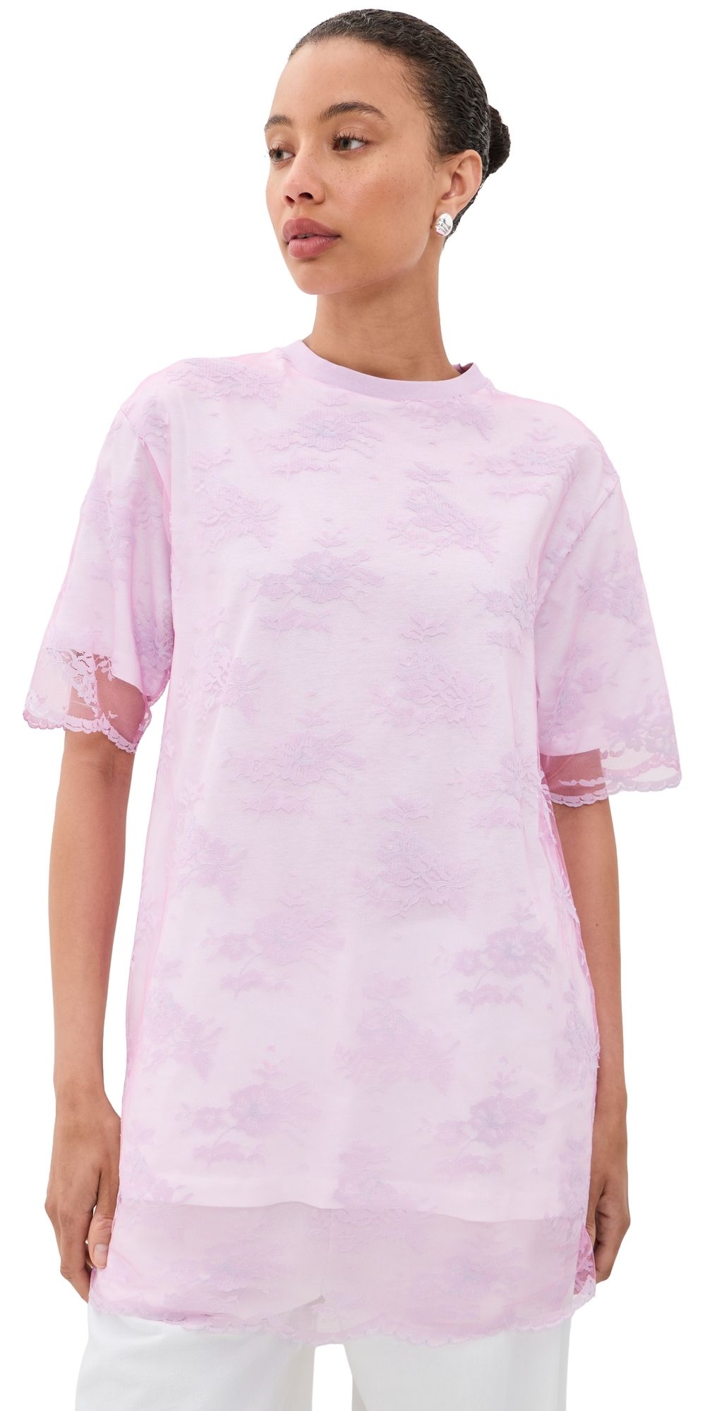 Marques'Almeida Relaxed Fit T-Shirt with Lace Overlayer Pink 8