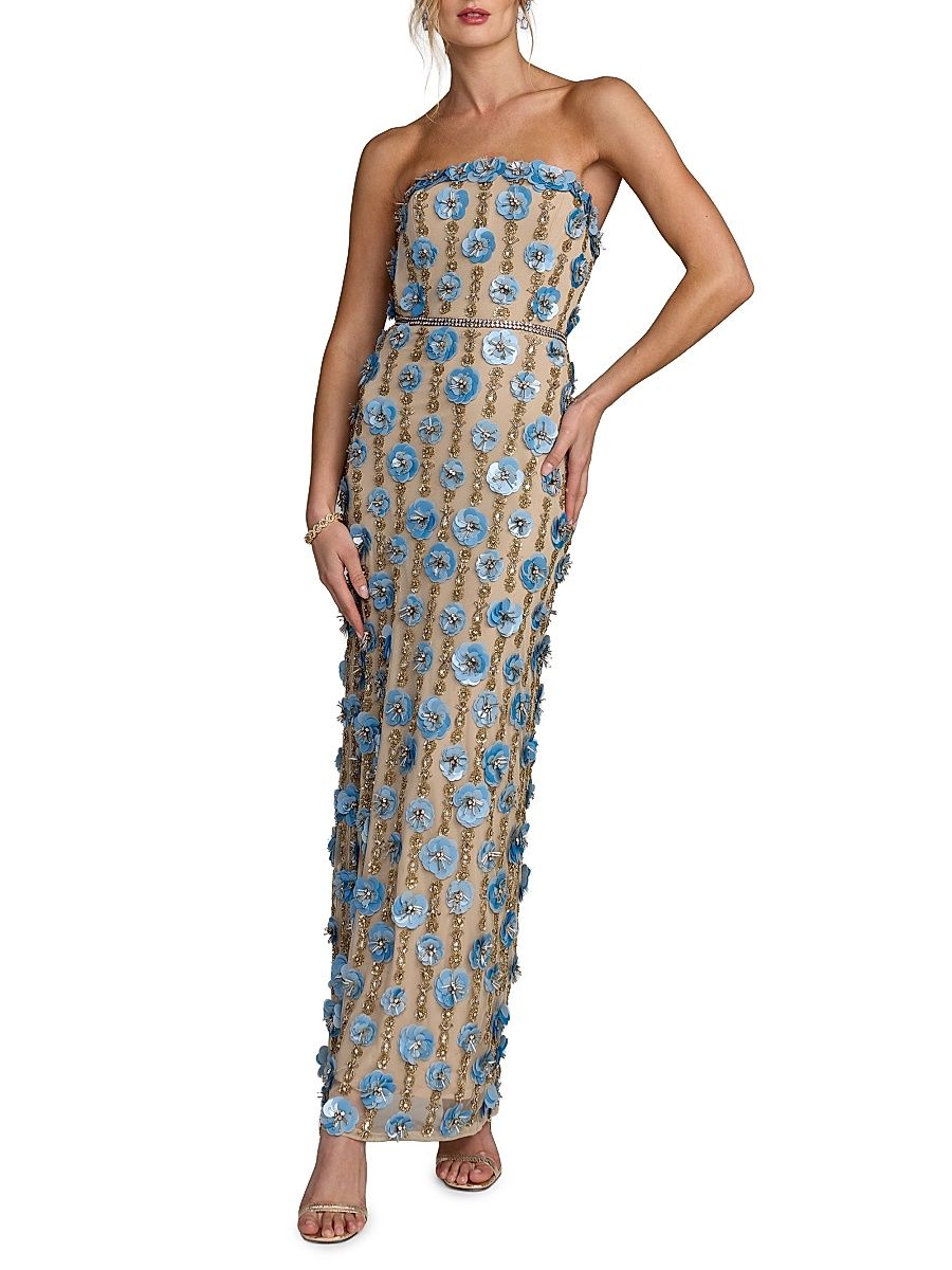 Women's 3D Floral-Embellished Strapless Maxi Dress - Beige Blue - Size 2