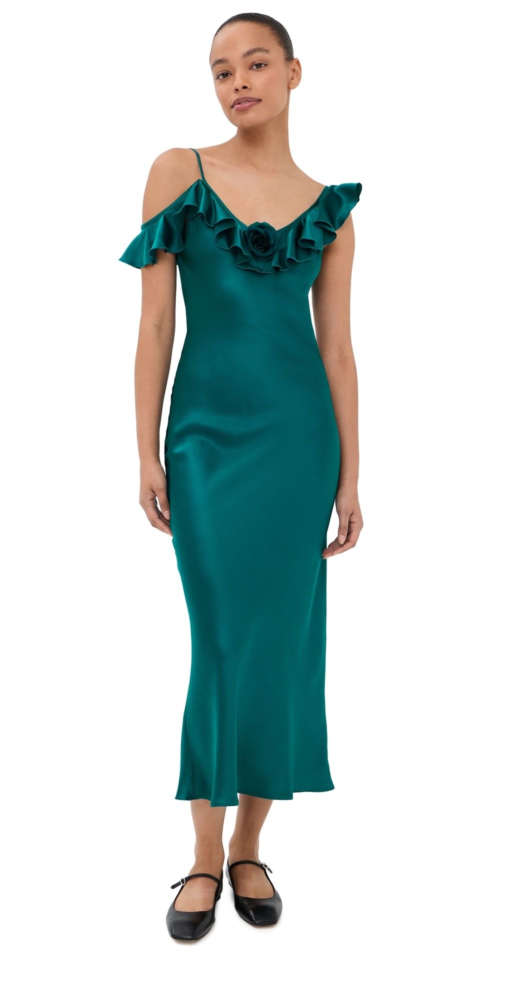 Rodarte Silk Satin Ruffle Bias Slip Dress Teal 8