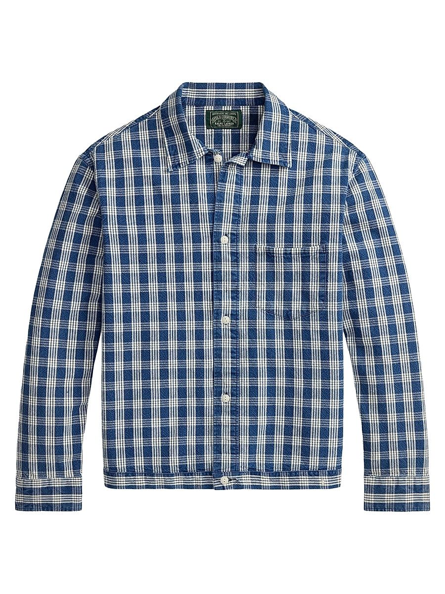 Men's Plaid Cotton Overshirt - Indigo Cream - Size XXL