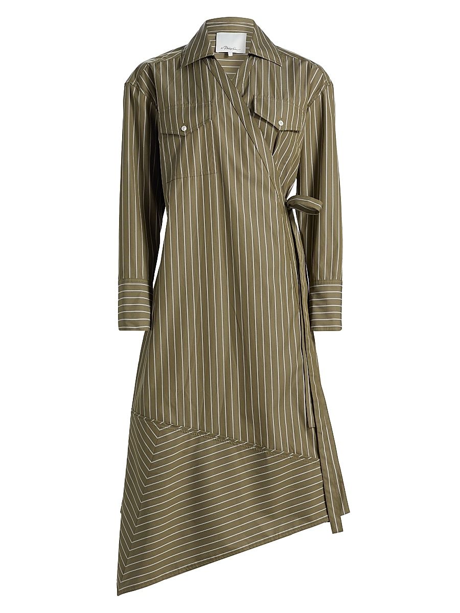 Women's Asymmetric Striped Poplin Wrap Shirtdress - Olive Multi - Size XS
