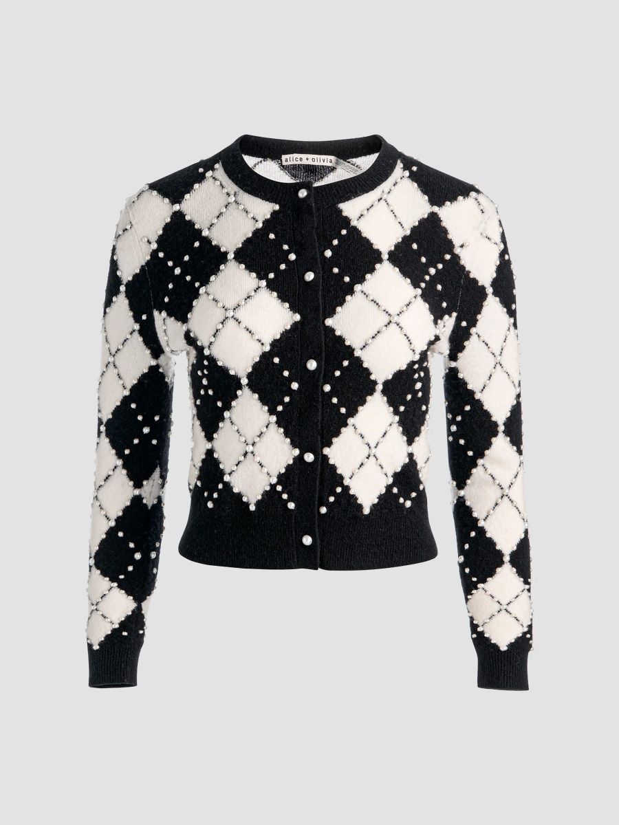 ALICE + OLIVIA Women's Carolee Imitation Pearl-Embellished Argyle Cardigan - Black Soft White - Size XL