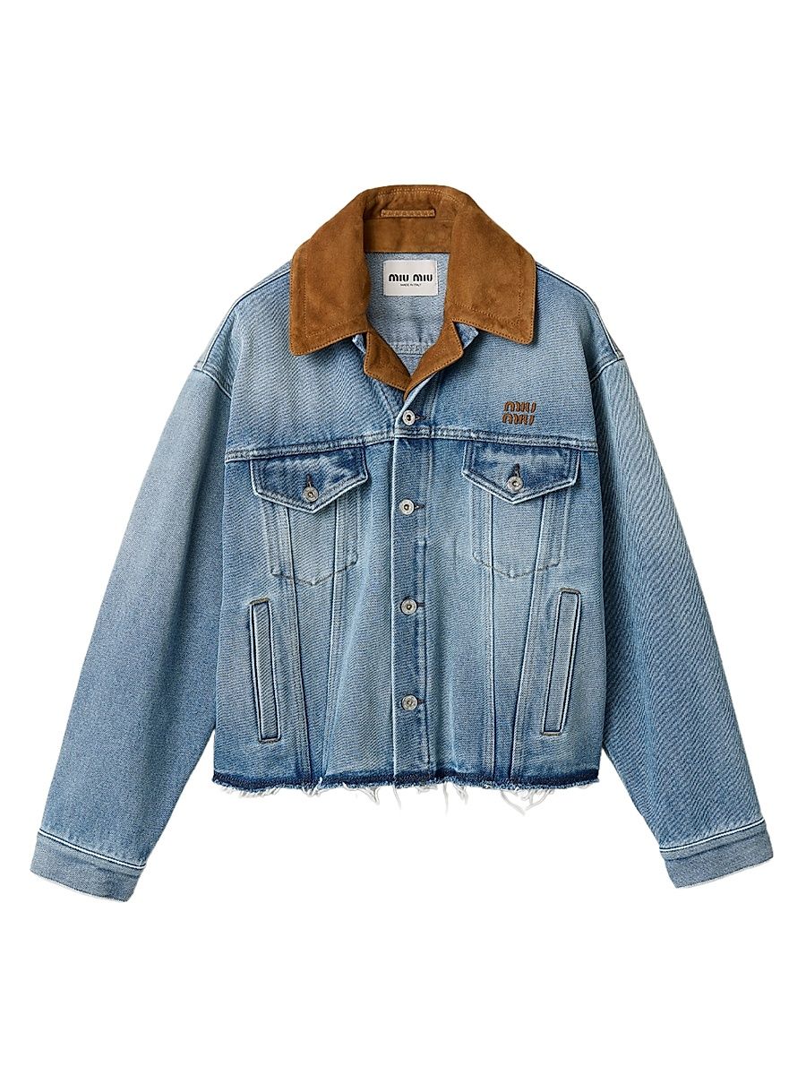 Women's Washed Denim and Suede Blouson Jacket - Blue - Size 2