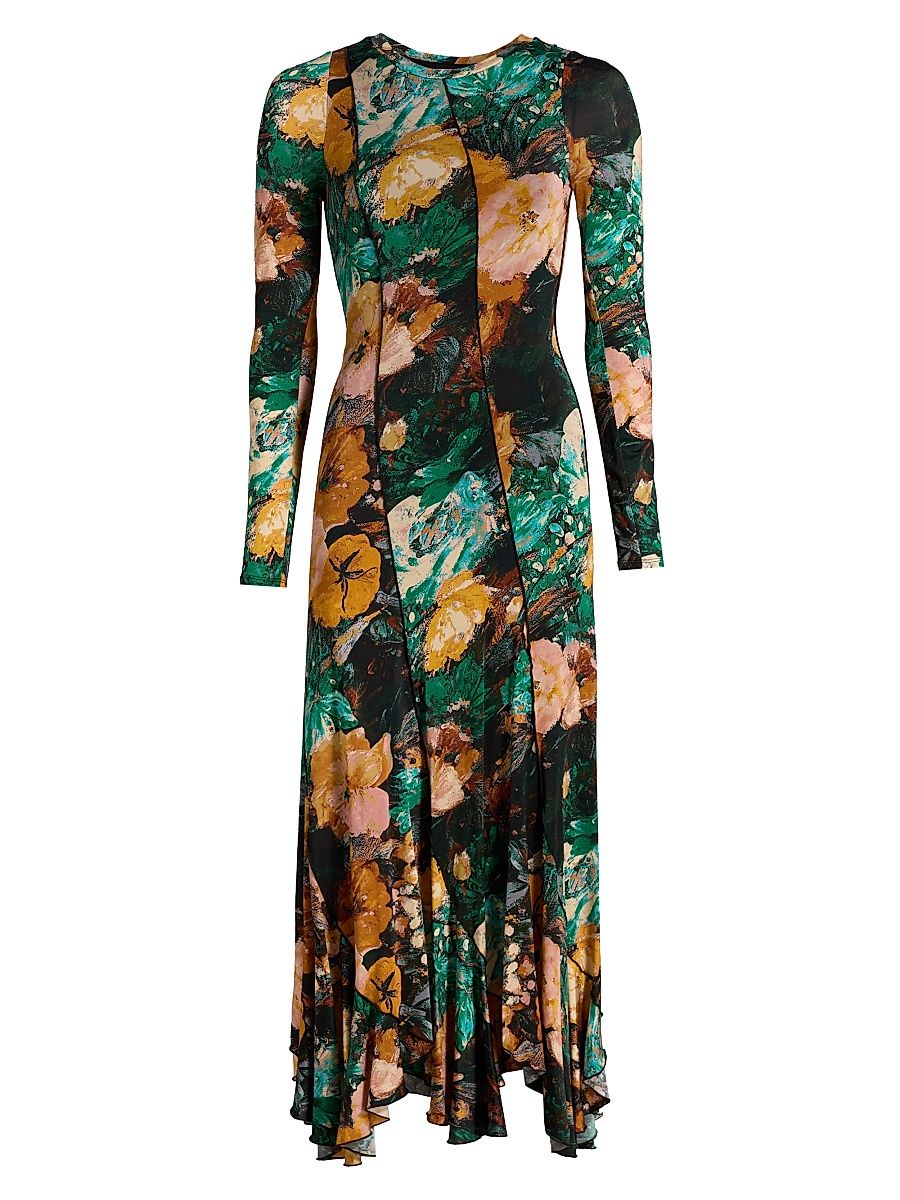 Women's Floral Stretch-Jersey Diagonal-Seamed Midi-Dress - Green Yellow Multi - Size XS