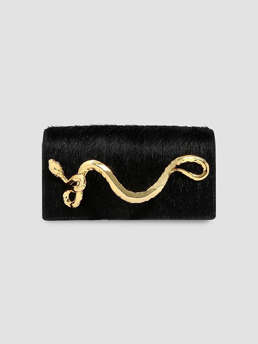 Women's 14K-Gold-Plated Serpent Handle & Calf Hair Clutch - Black