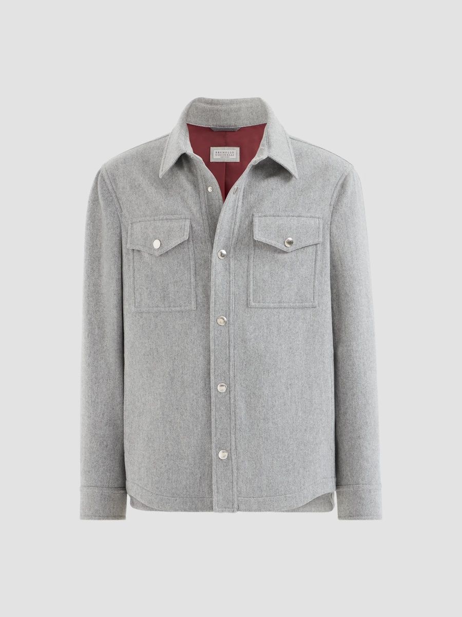 Brunello Cucinelli Men's Cashmere Shirt-Style Outerwear Jacket - Pearl Grey - Size 40