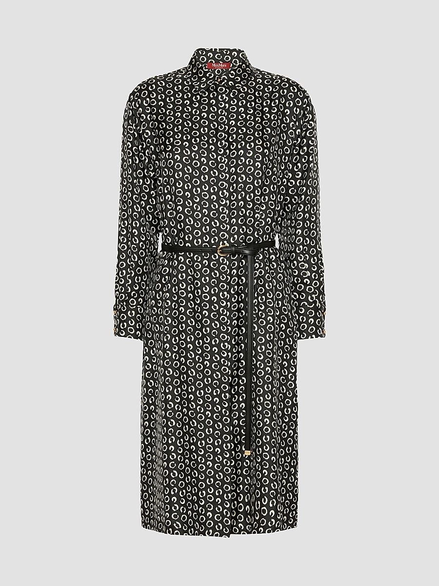 Women's Printed Silk Shirt Dress - Black White - Size 14