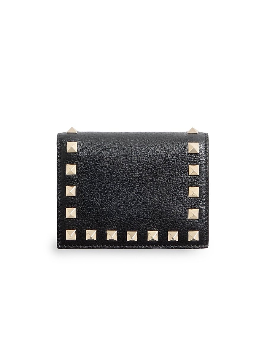 Women's Small Rockstud Grainy Calfskin Wallet - Black