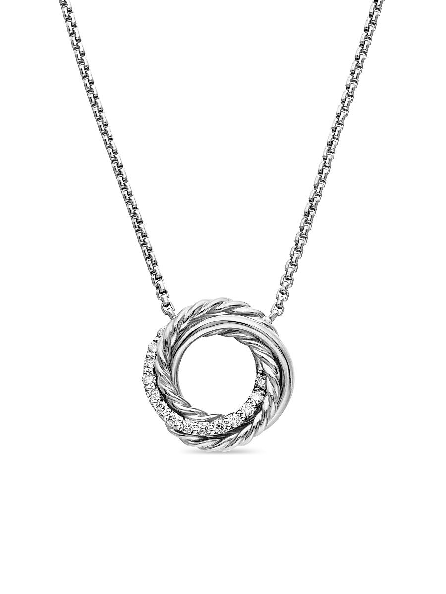 Women's Crossover Mini Pendant Necklace with Diamonds - Silver