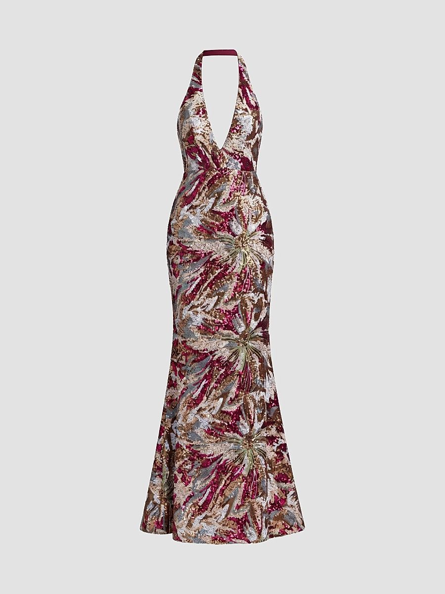 Women's Floral Sequin Open Back Gown - Berry Multi - Size 14