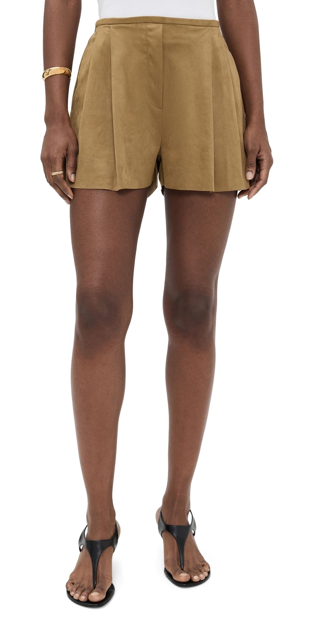 Norma Kamali Faux Suede Pleated Shorts Camel M