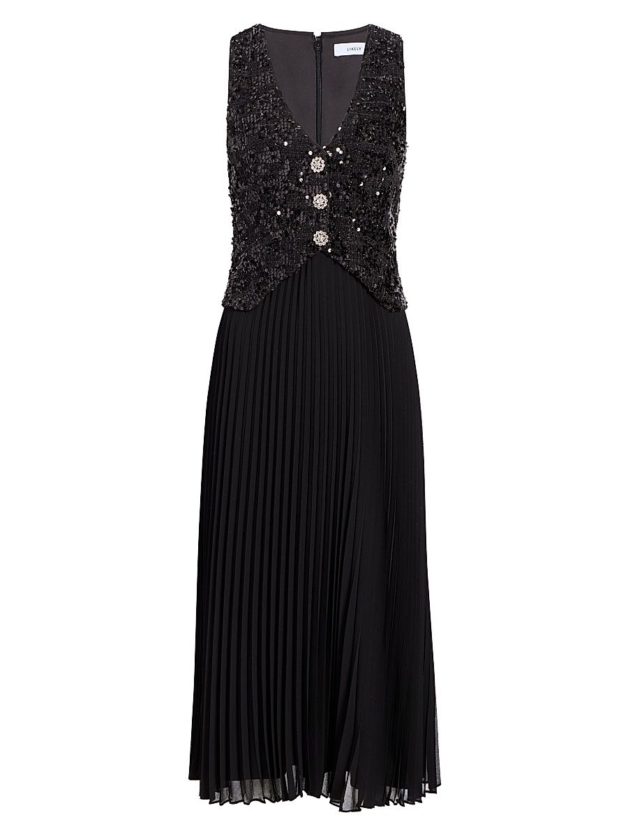 Women's Dorothea Sequin Pleated Midi-Dress - Black - Size 12