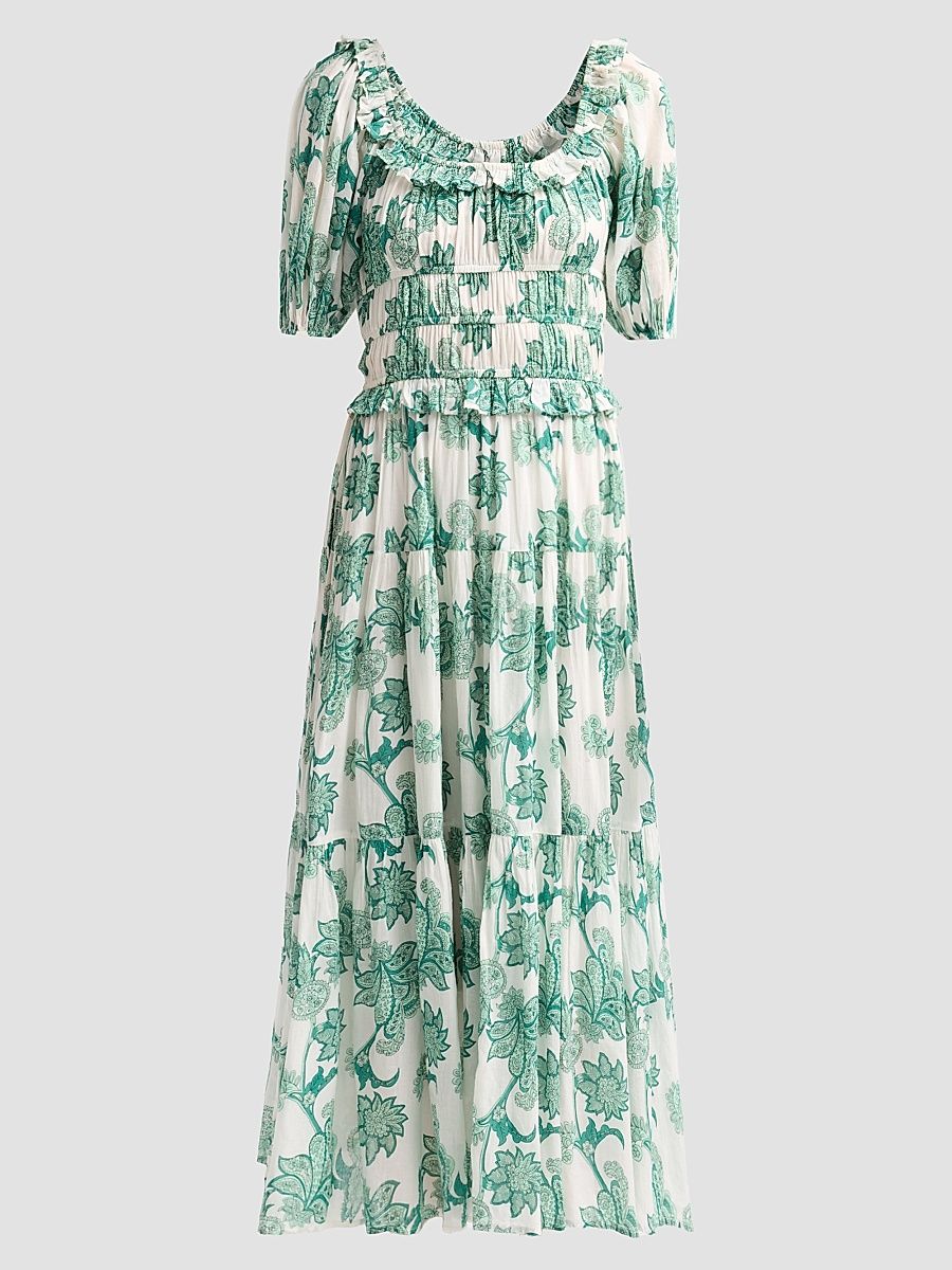 Women's Percy Floral Cotton Tiered Midi Dress - Green Tropicalia - Size XS
