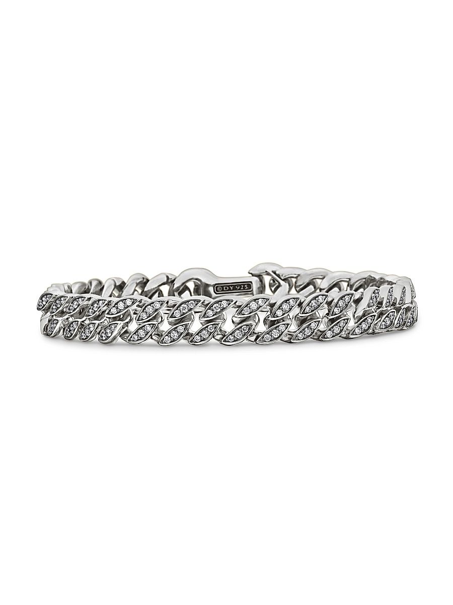 Men's Curb Chain Bracelet in Sterling Silver - Diamond - Size Medium