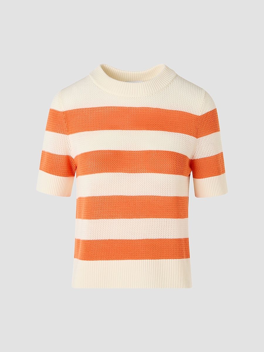 Women's Striped Short-Sleeve Crewneck Sweater - Cream Orange - Size 16
