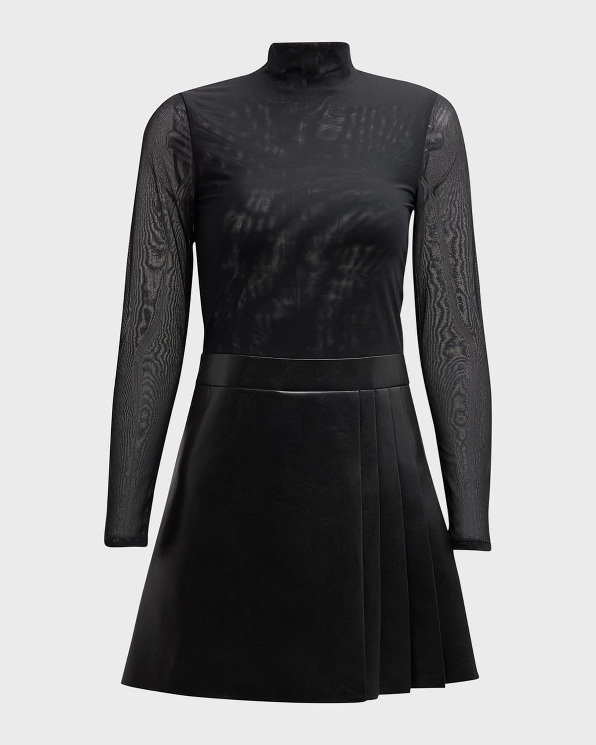 Chara Long-Sleeve Vegan Leather Pleated Mini Dress