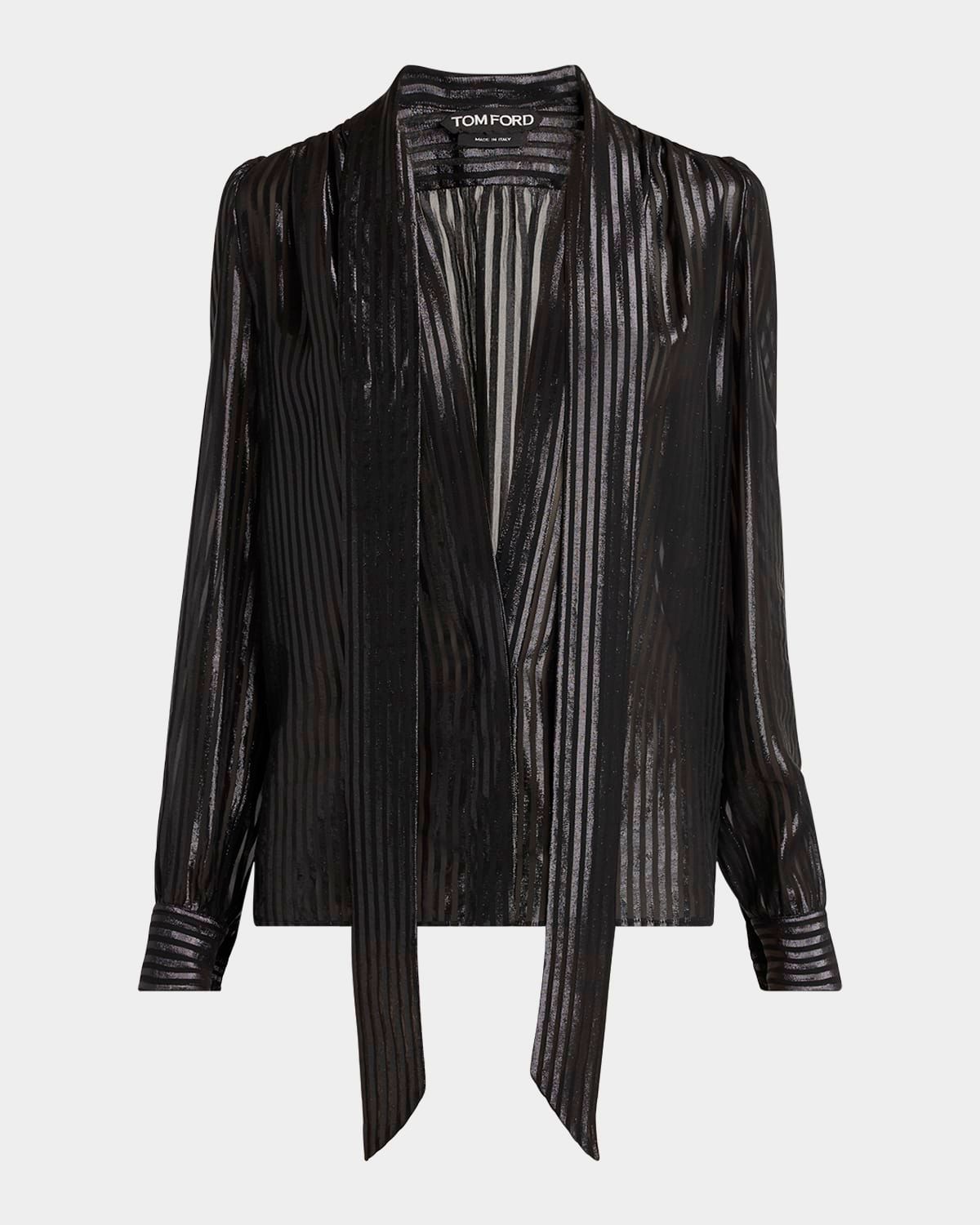 Metallic Striped Lavalliere Plunging Blouse