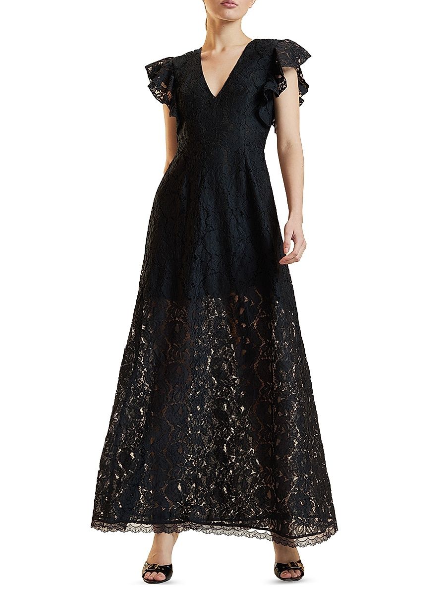 Women's Lace Flutter Sleeve Maxi Dress - Black - Size 10