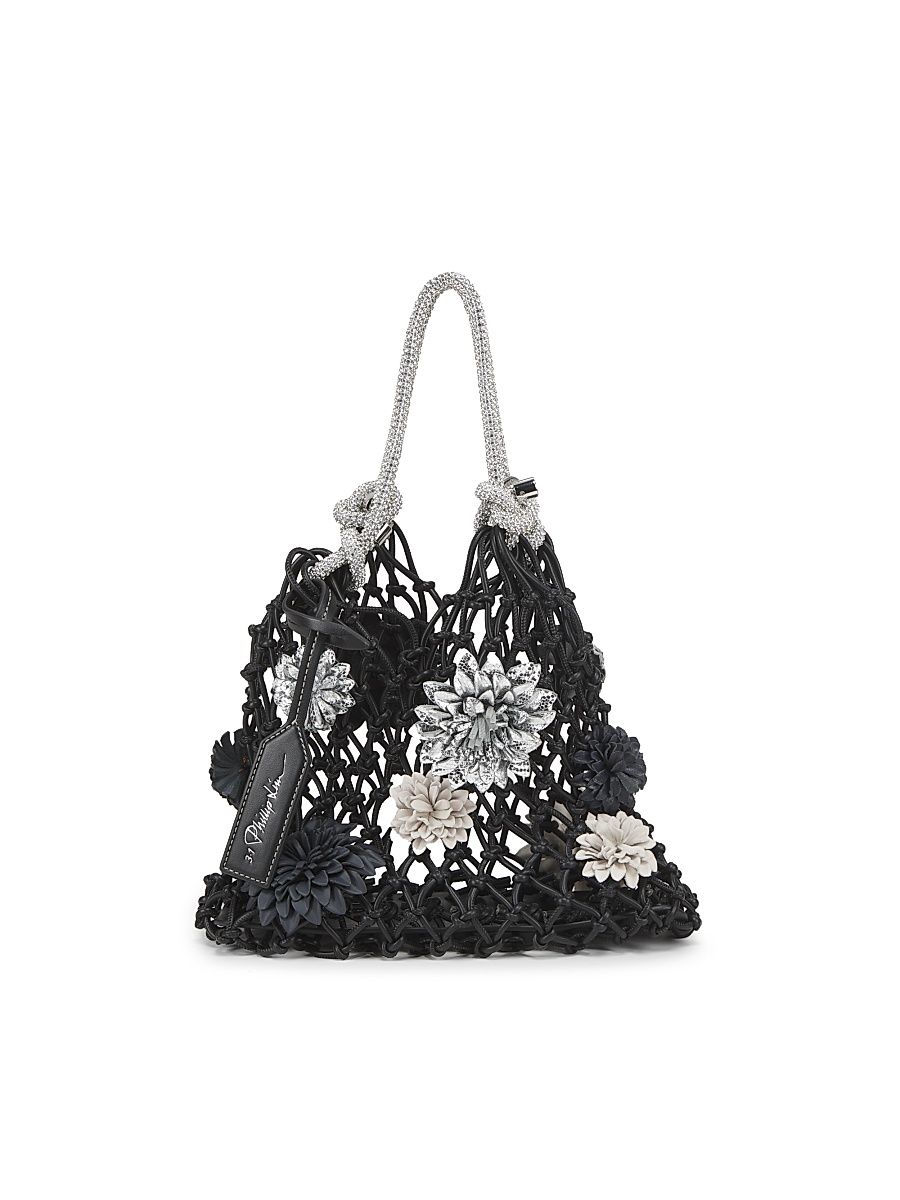 Women's Mini Floral Appliqué Macramé Handbag - Black Multi