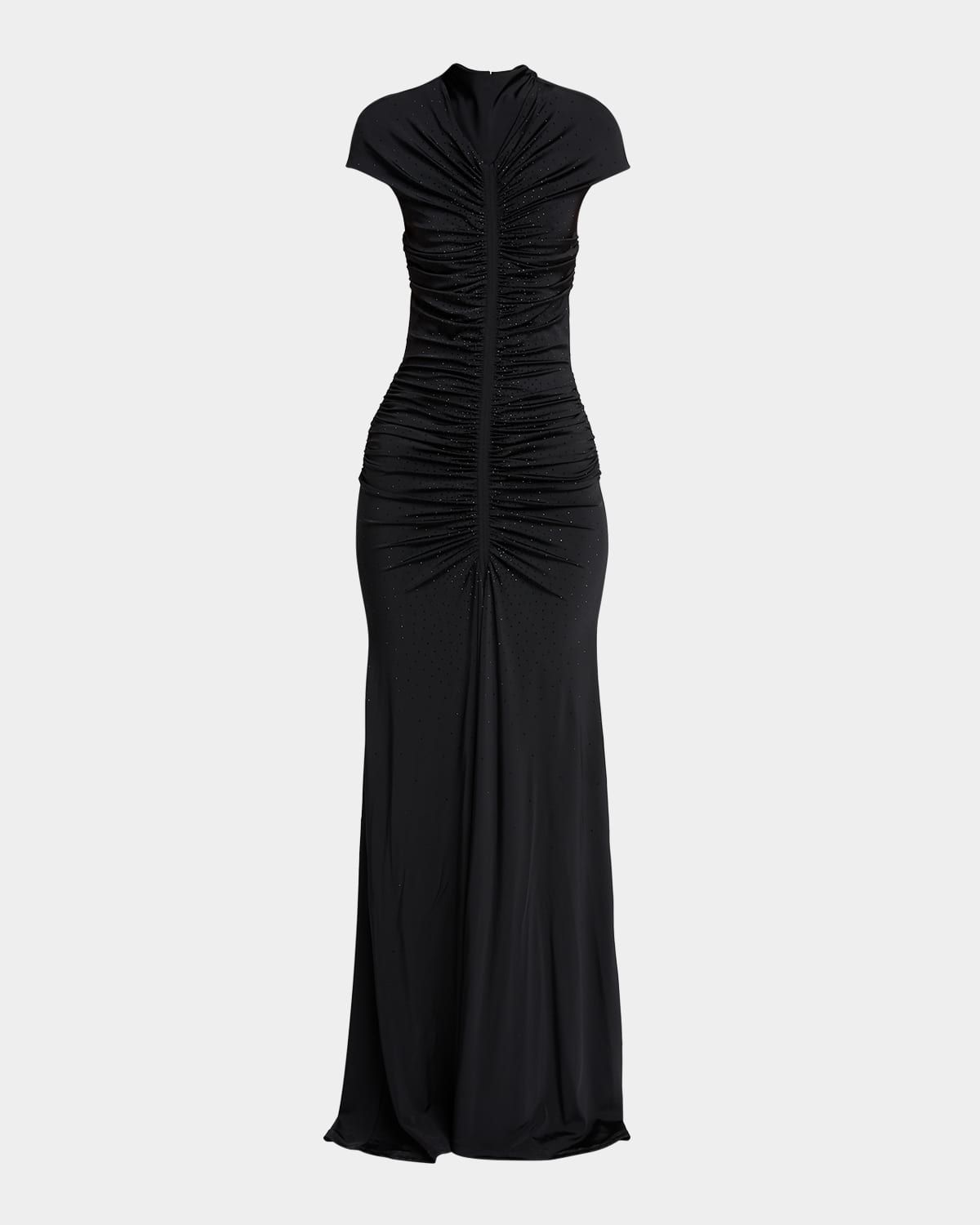 Embellished Ruched Cap-Sleeve Maxi Dress