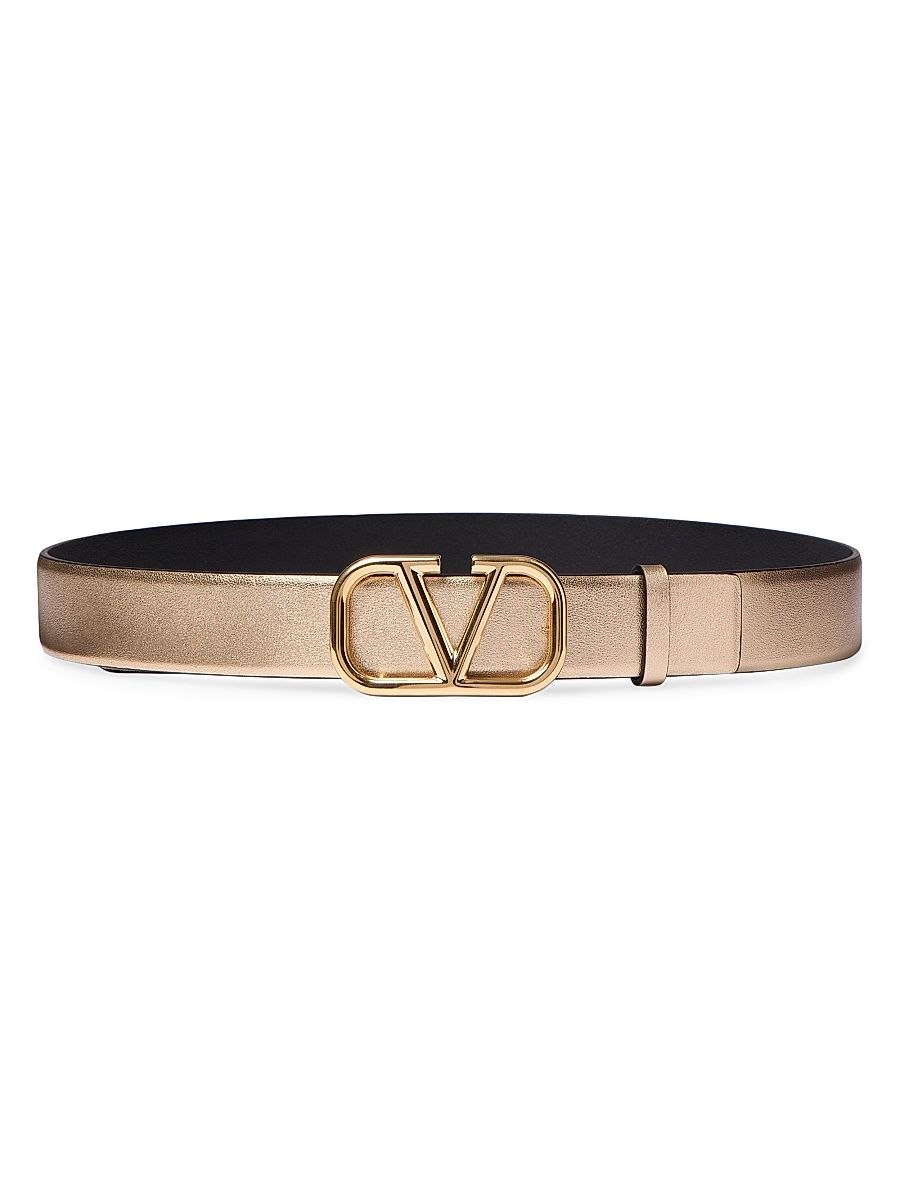 Women's VLogo Signature Reversible Belt in Metallic and Shiny Calfskin 30MM - Gold Black - Size XS