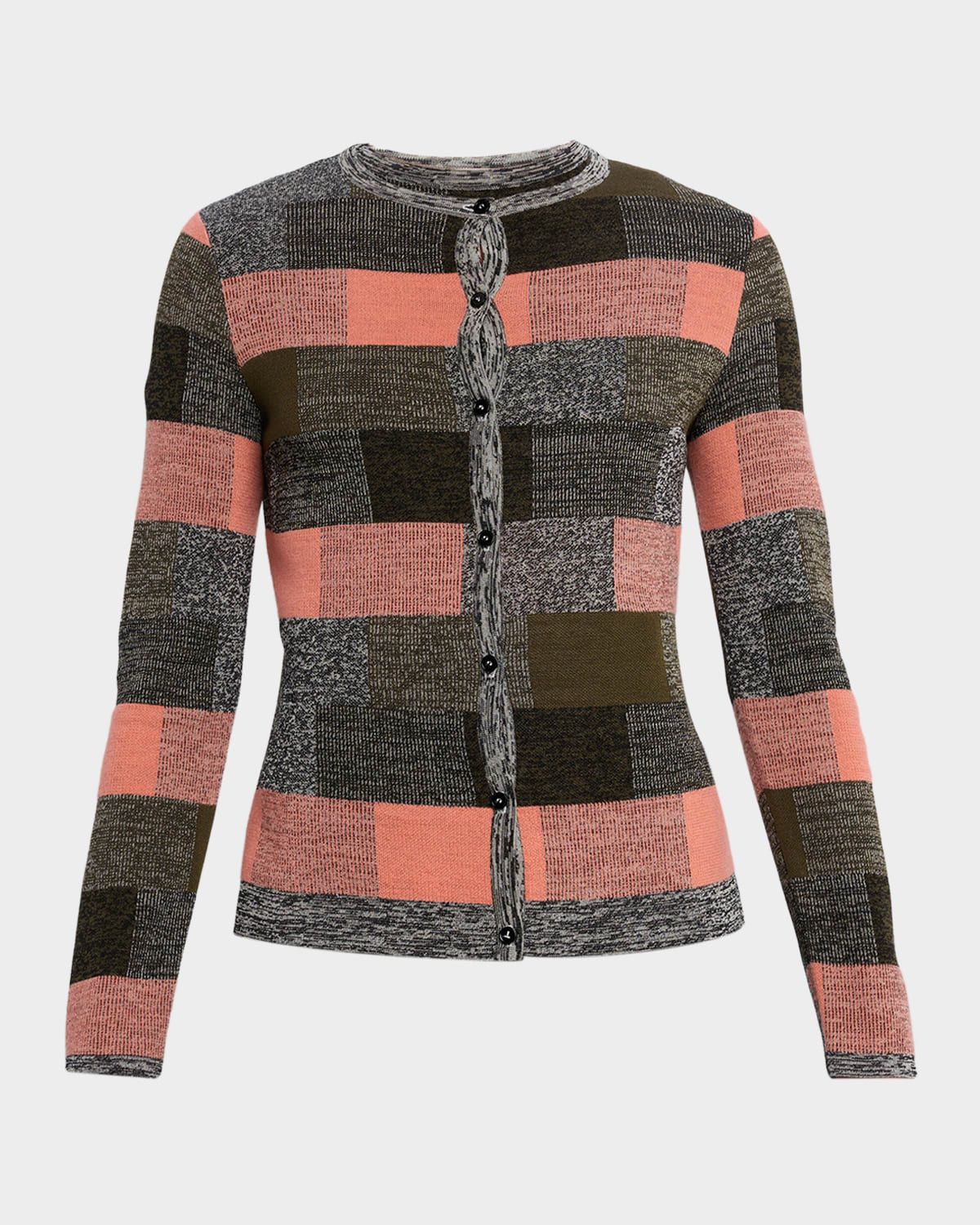 Colorblock Marled Check Jacquard Knit Cardigan