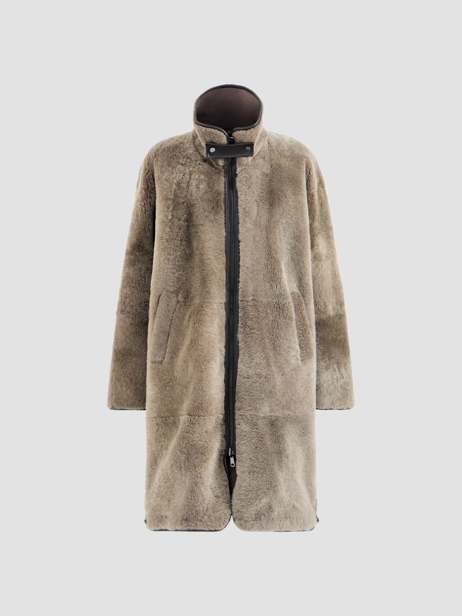 Brunello Cucinelli Women's Reversible Shearling Coat with Monili - Brown - Size 12