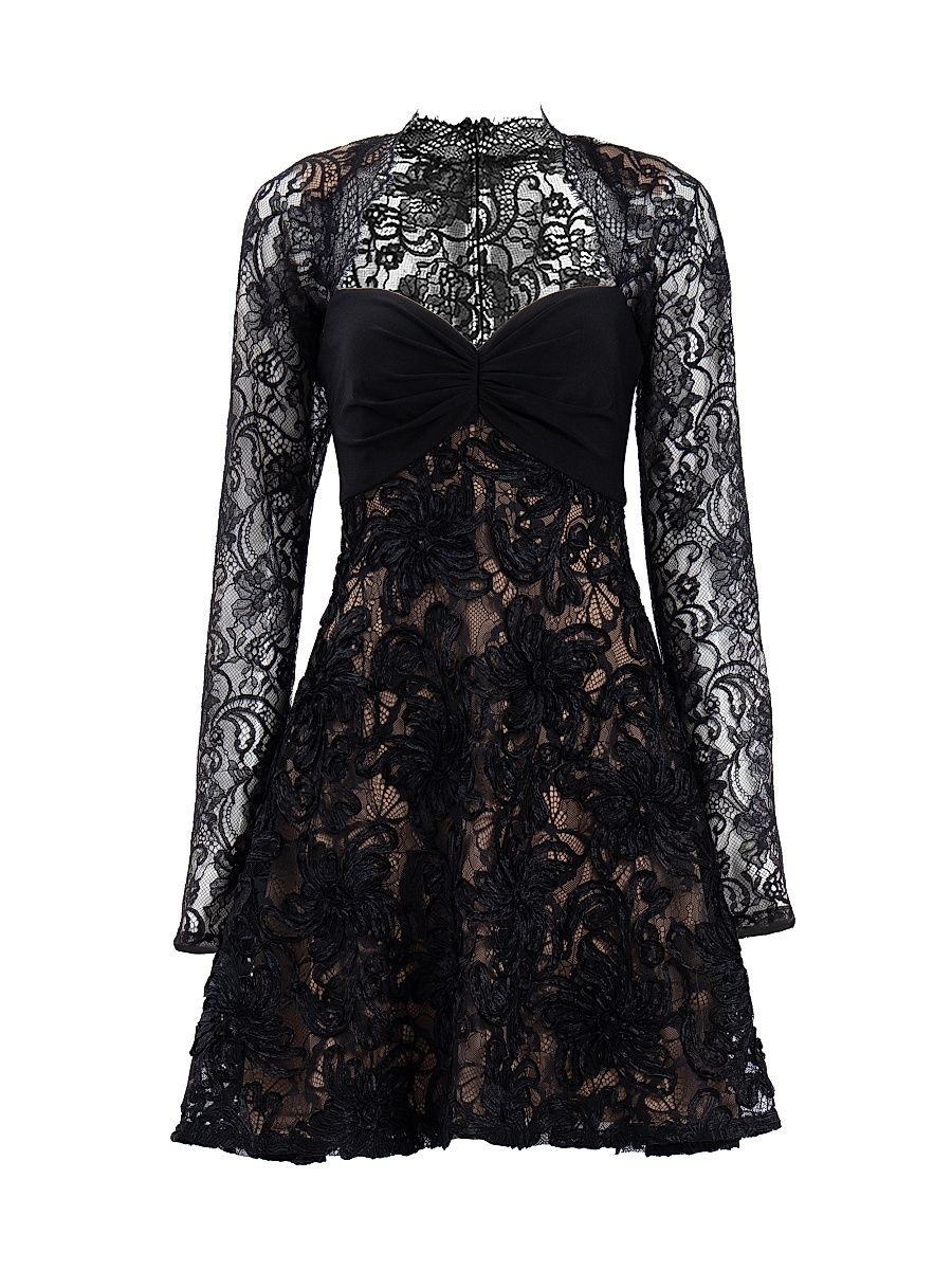 Women's Floral Lace Long-Sleeve Minidress - Black Beige - Size 4