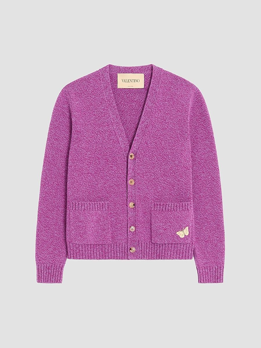 Men's Mouliné Wool Cardigan with Embroidered Butterfly Patch - Purple - Size XXXL