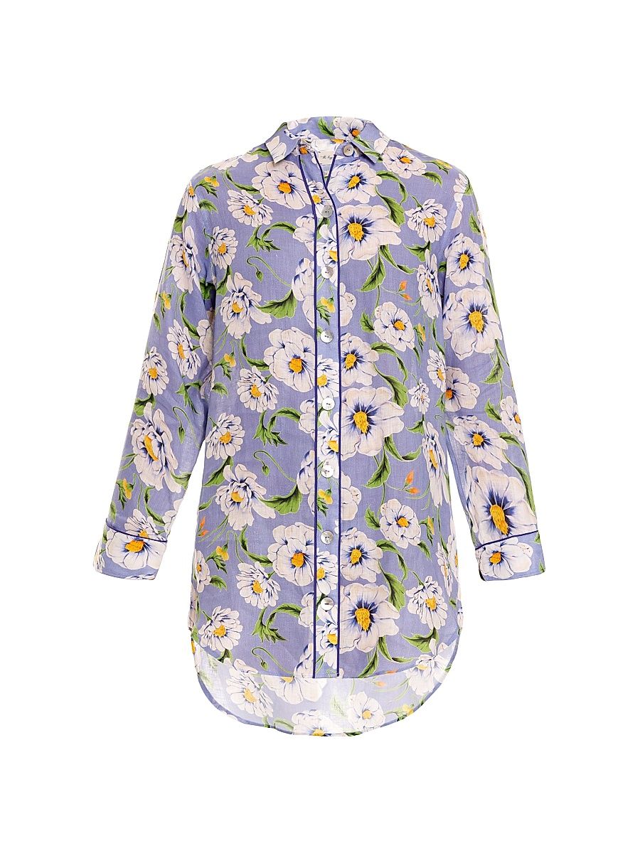 Women's Linen Floral Mini Shirtdress - Blue - Size Medium