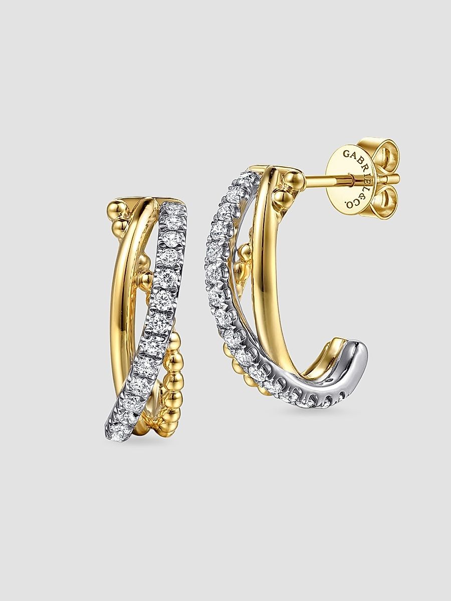 Gabriel & Co Women's Bujukan 14K White & Yellow Gold & 0.35 TCW Diamond Crisscross J-Hoops - Yellow Gold