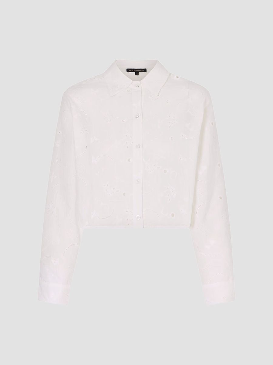 Women's Simone Eyelet Linen-Cotton Crop Shirt - Ivory - Size Small