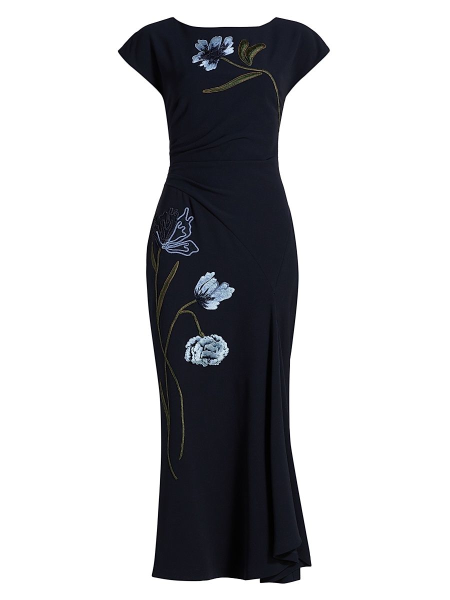 Women's Cascade Floral Corded Crêpe Cocktail Dress - Navy Blue - Size 16